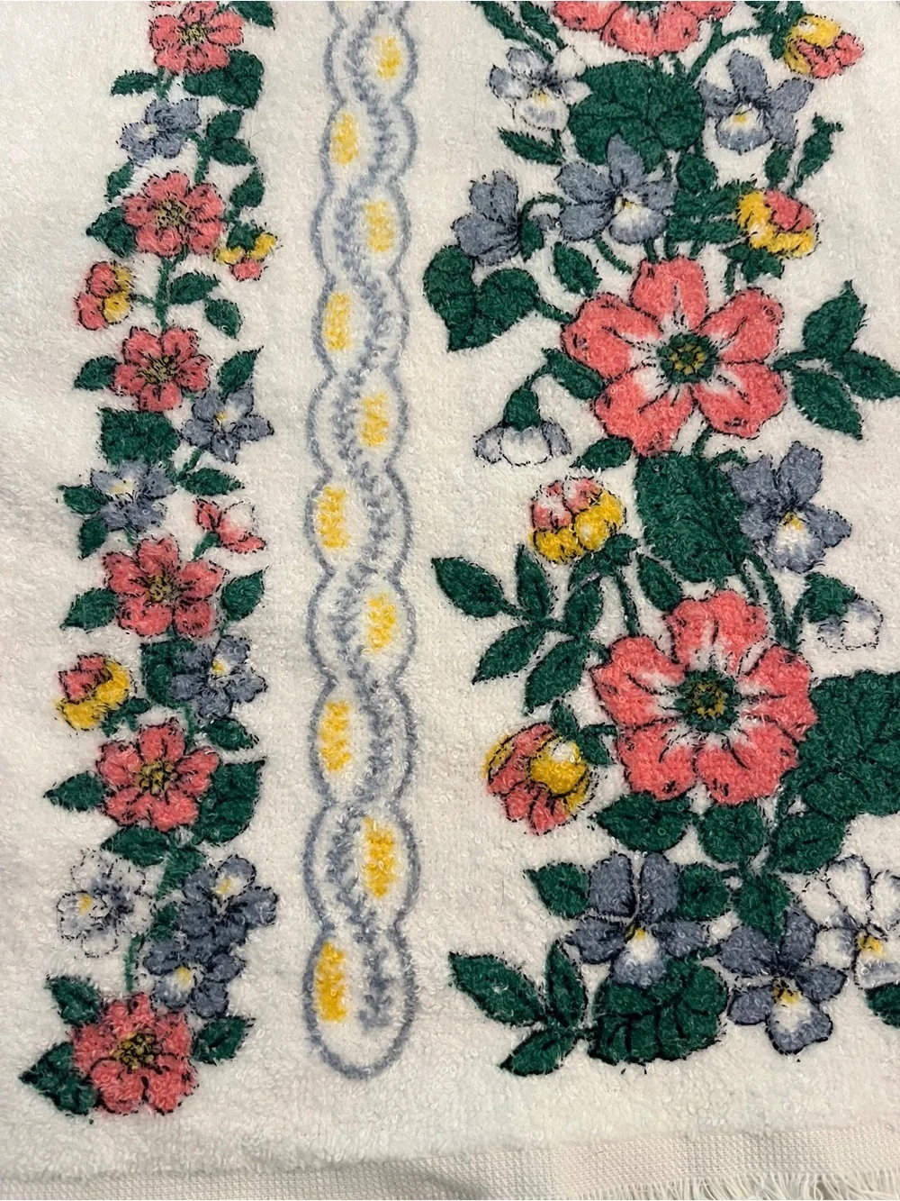 Sold Vintage Floral garland hand towel - Pink & Green Flowers. So retro!